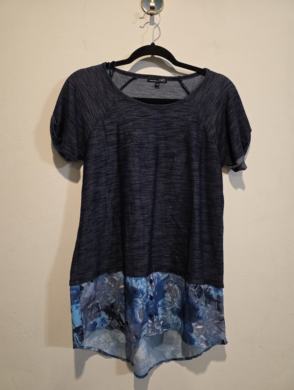 RXB Heather Navy Mixed Media Tunic Top Chiffon Floral High-Low Hem S